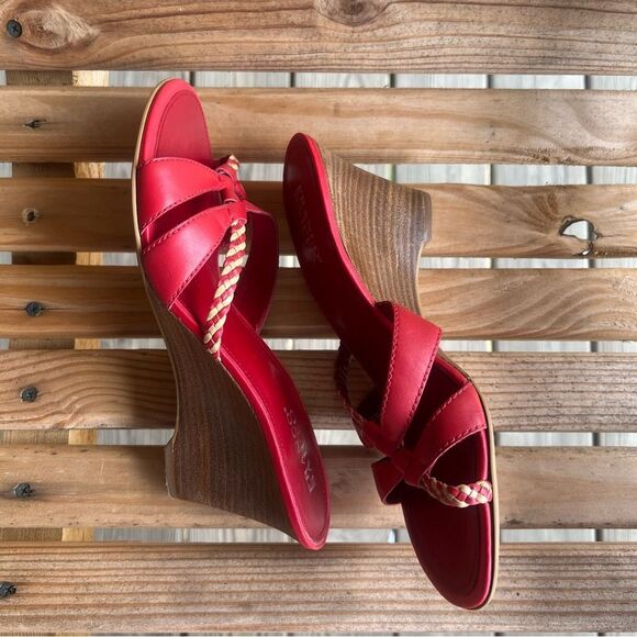 Franco Sarto Red Leather Braided Strap Wedge Sandals | Size 8.5M - Picture 8 of 10